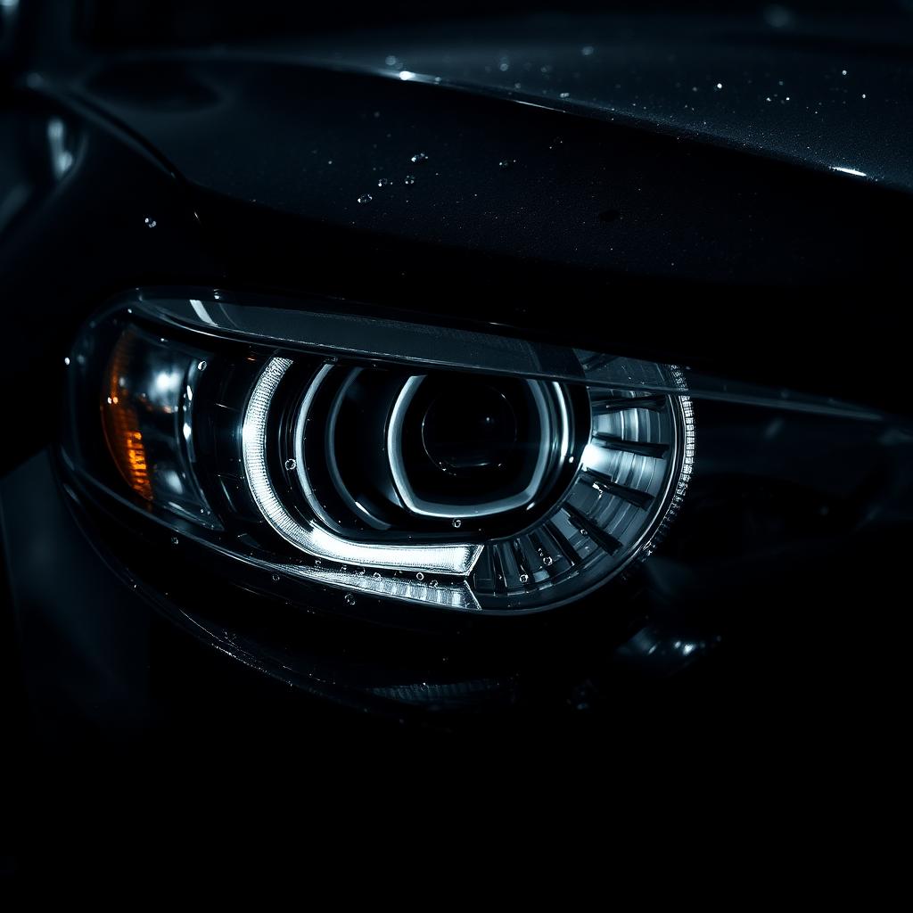 Close-up of a car headlight at night with water beads