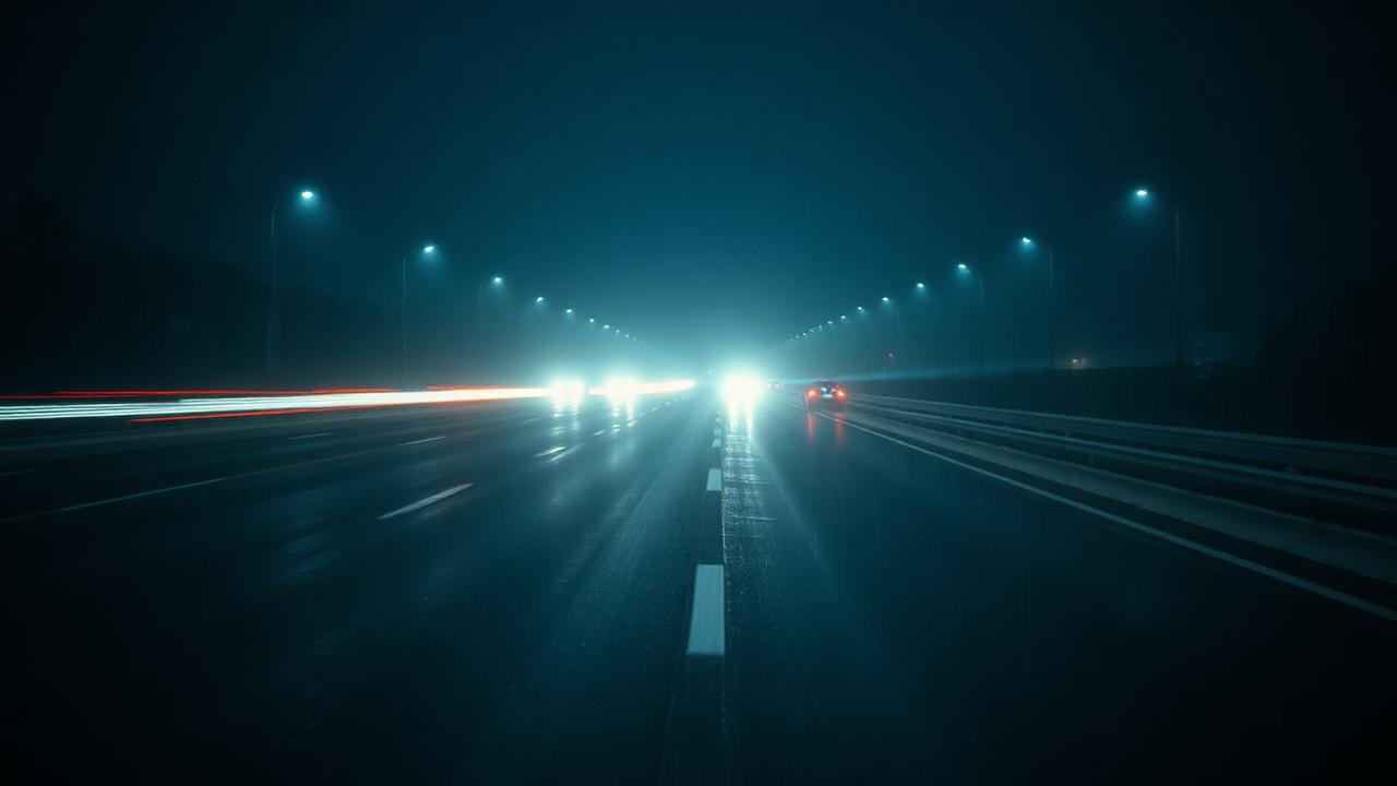Rainy highway at night with light streaks