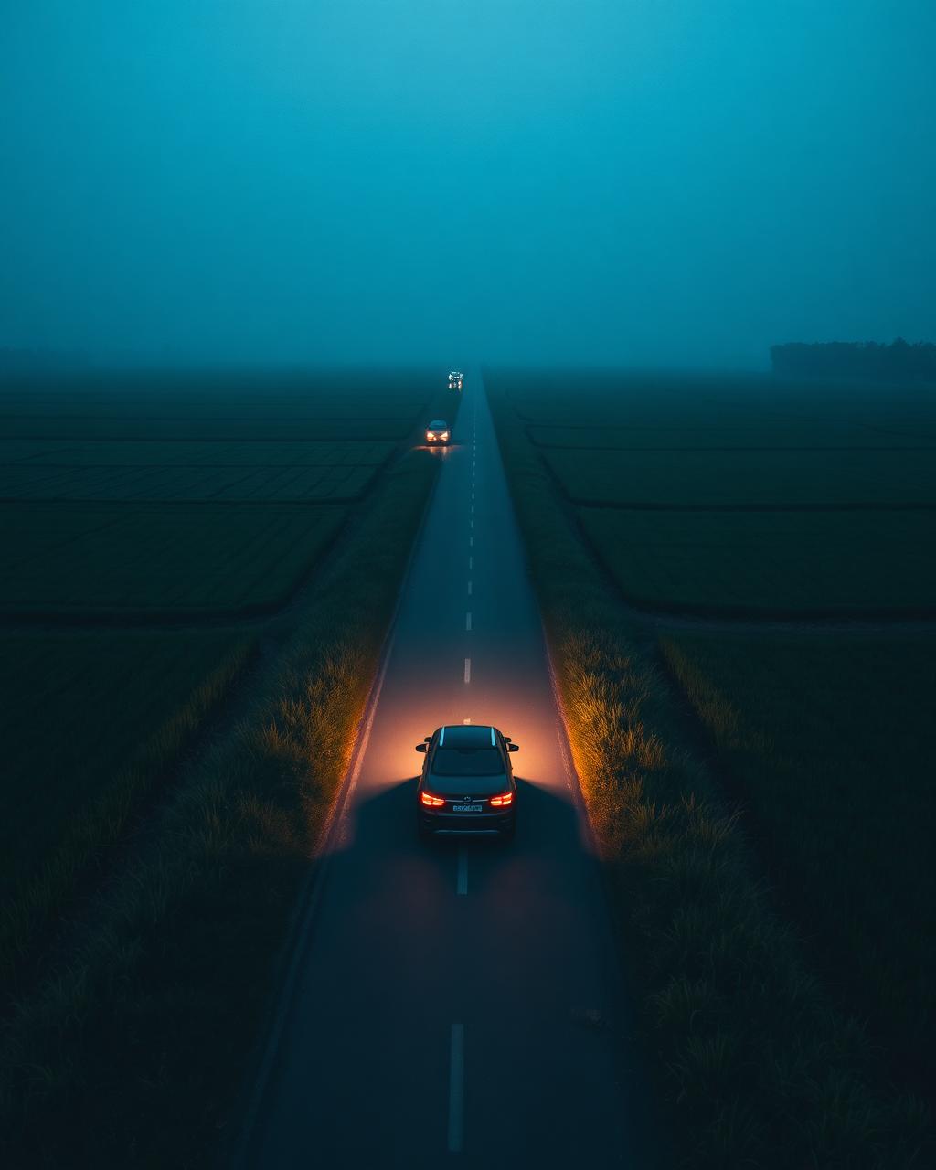 Drone shot of a car on a road through Punjab fields at blue hour