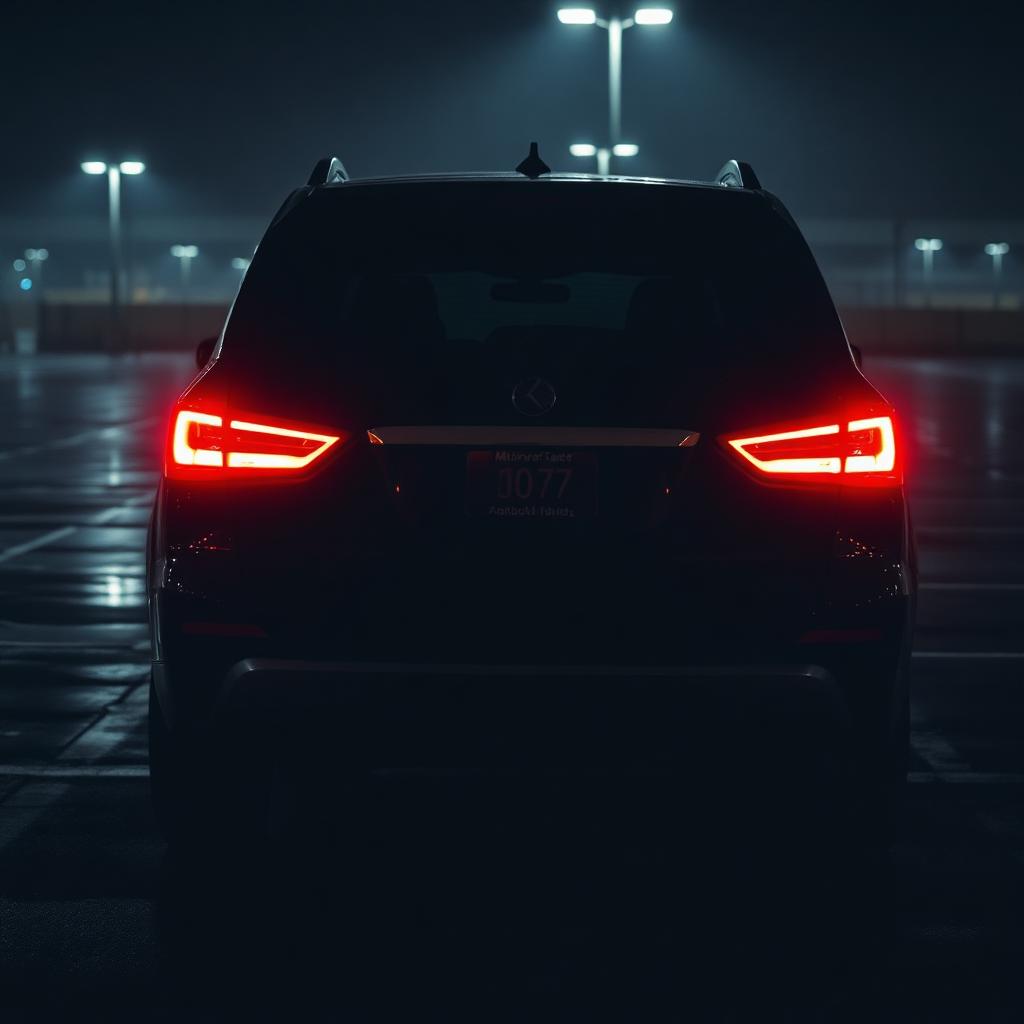 Tail lights glowing red in an empty parking lot