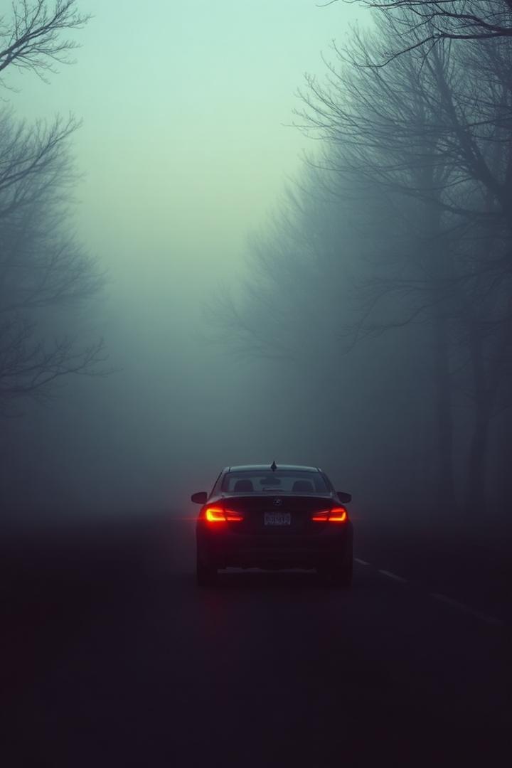 Car silhouette on a foggy tree-lined road